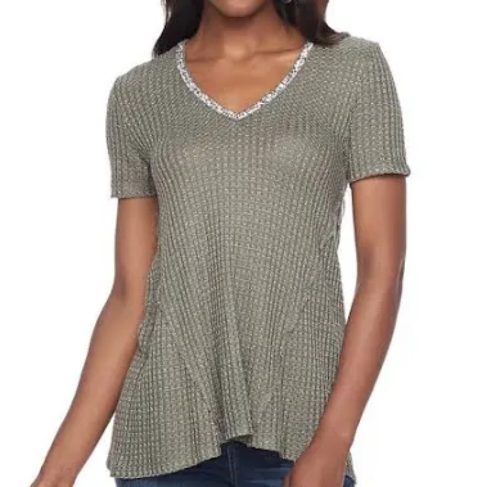 Juicy Couture Gray Waffle Top Jewelled V-Neck Tunic Sharkbite Casual Y2K Bling